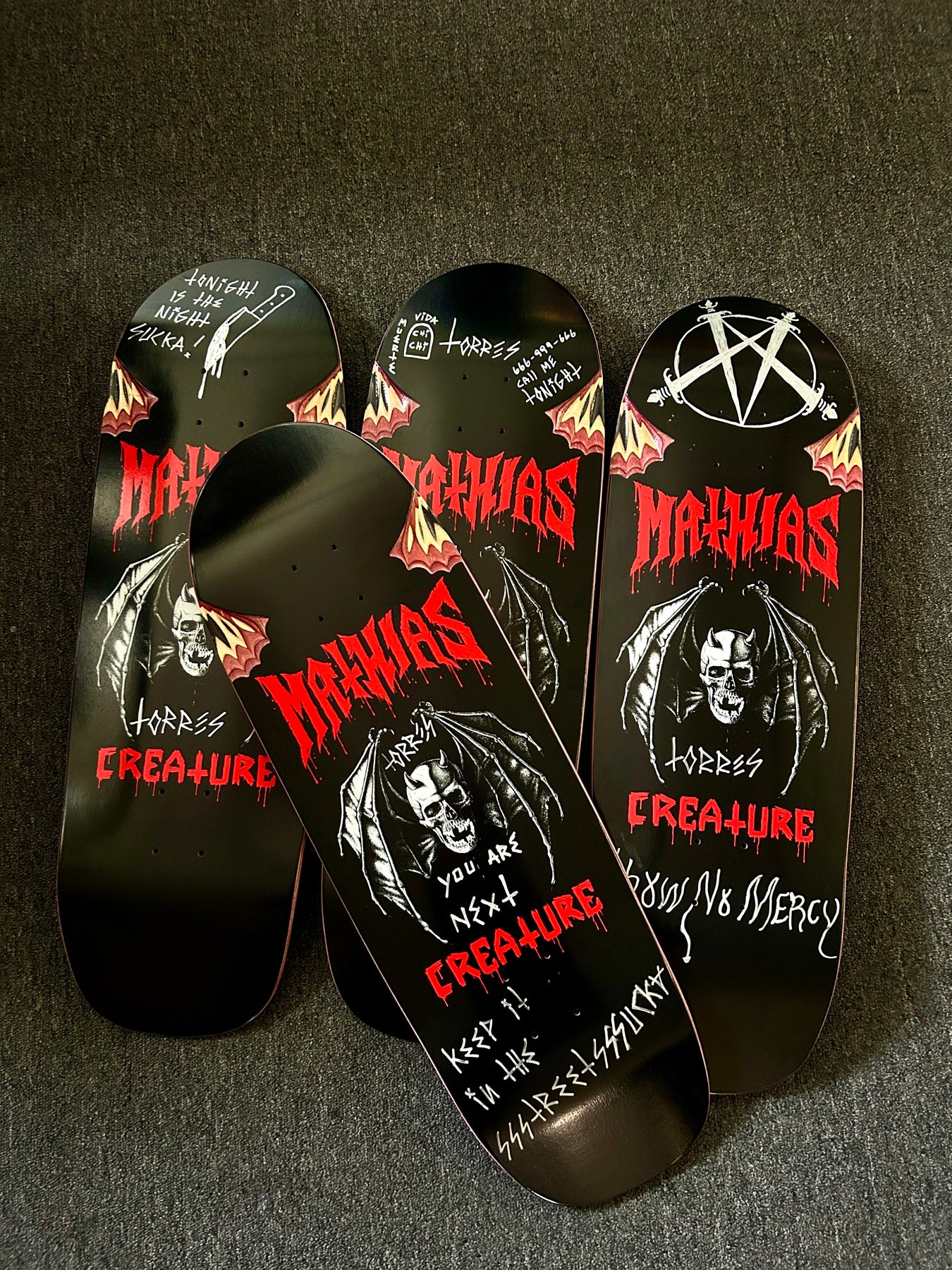 Signed 9.55in Torres Skull Bat Shaped Creature Skateboard Deck